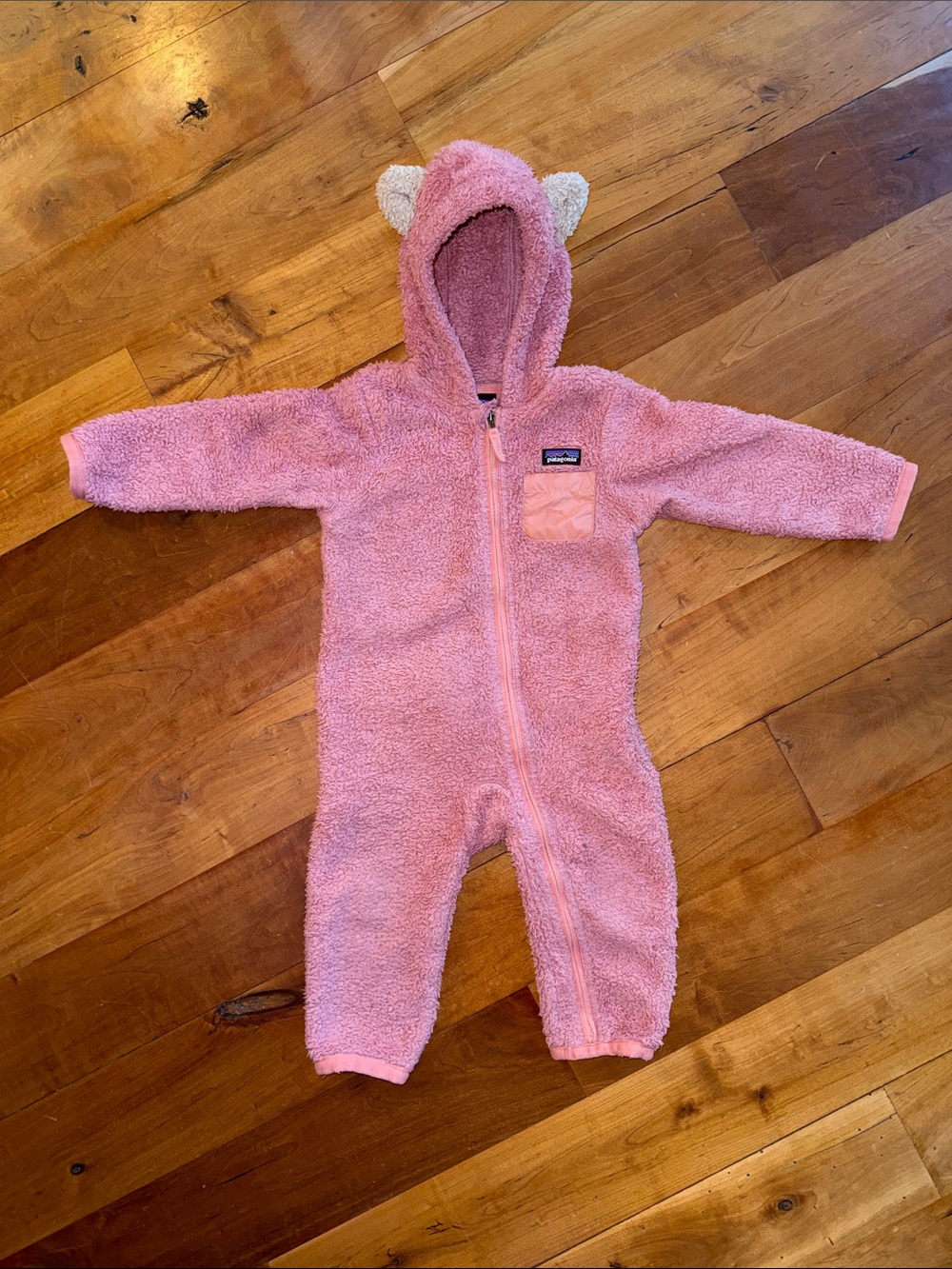 Patagonia Pink Sherpa Hooded Baby One-Piece with Ear Accents